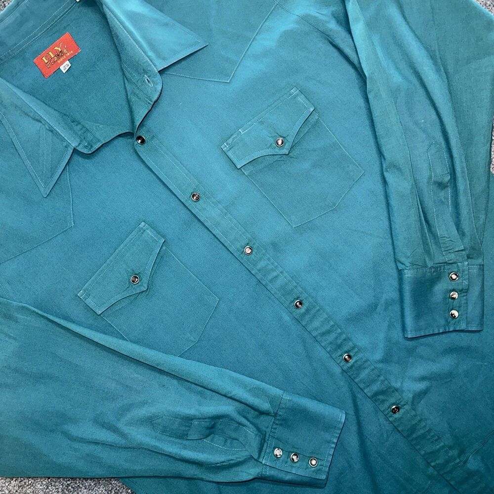 Vintage Ely Plains Long Sleeve Snap Shirt Solid Green Cowboy Large 16.5 34-35
